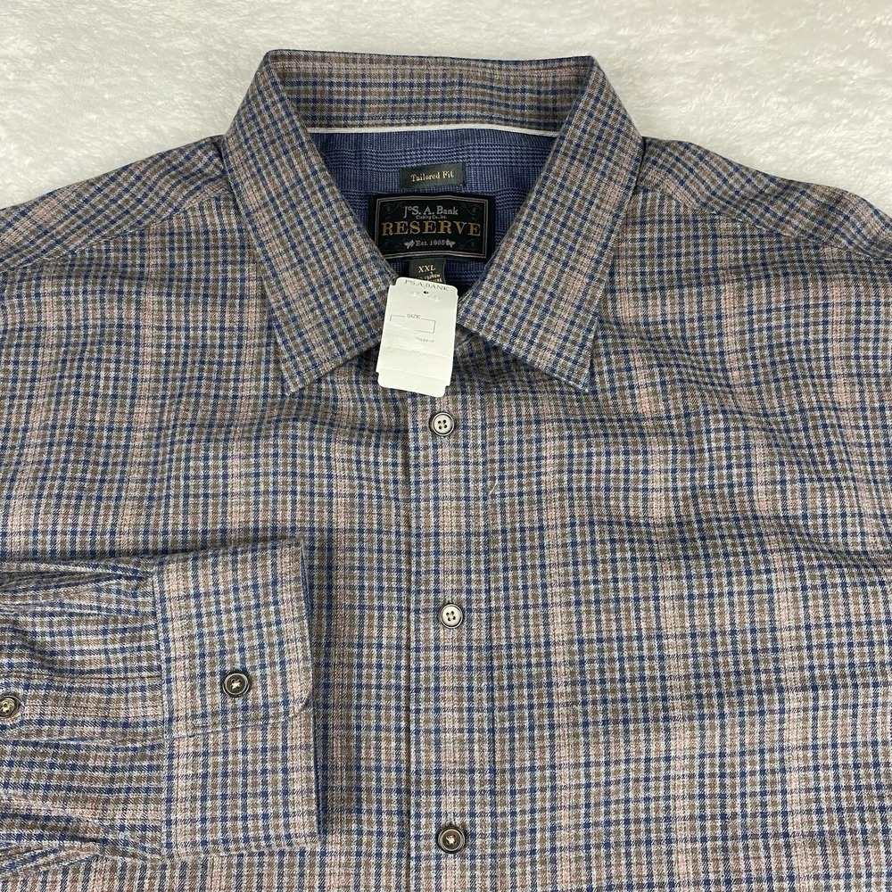 Jos. A. Bank Reserve Shirt Mens XXL Brown/Blue Plaid Tailored Fit NWT!